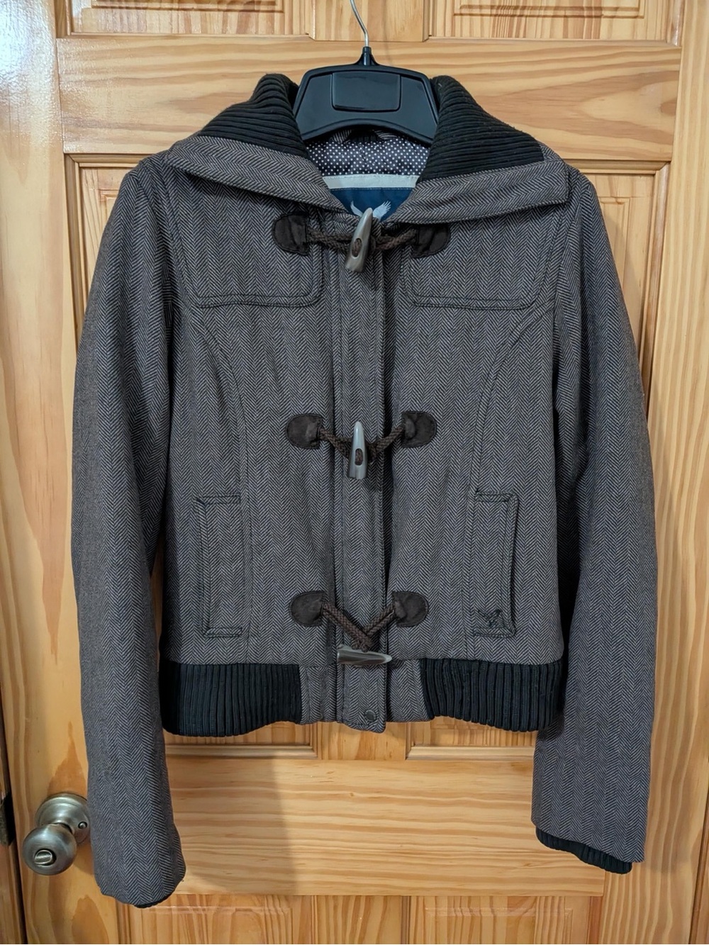 American Eagle Brown Herringbone Hooded Toggle Jacket Size Small